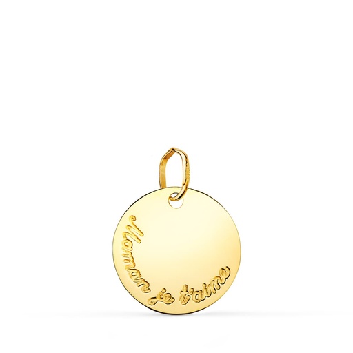 [P22198] 18K COLGANTE DISCO ORO AMARILLO BRILLO 15 MM MAMAN JE T'AIME