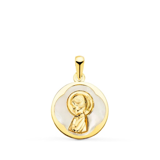 [P22211] 18K MEDALLA ORO AMARILLO REDONDA CON NACAR BLANCO Y VIRGEN NIÑA. 15 MM