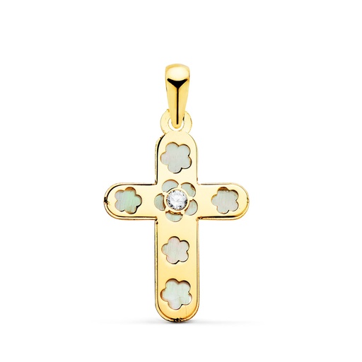 [P22215] 18K CRUZ ORO AMARILLO CON NACAR Y CIRCONITA 20 X 13 MM
