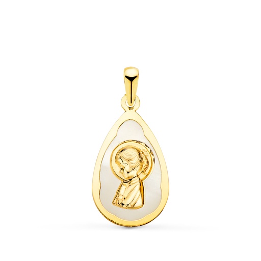 [P22218] 18K MEDALLA ORO AMARILLO GOTA CON NACAR BLANCO Y VIRGEN NIÑA 19X12 MM