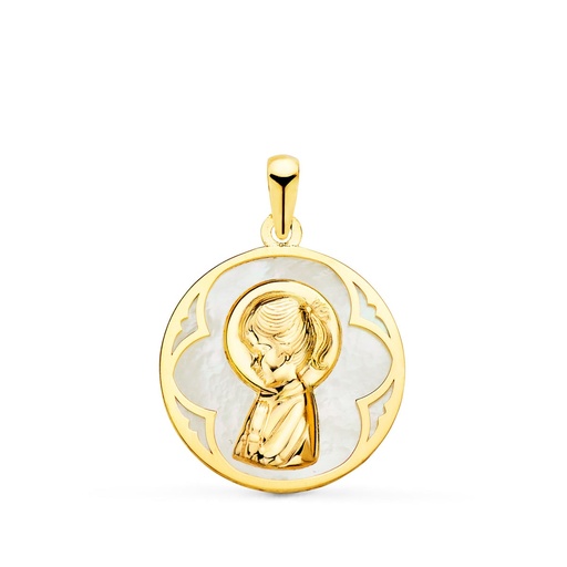 [P22219] 18K MEDALLA ORO AMARILLO REDONDA CON NACAR BLANCO Y VIRGEN NIÑA. 18 MM