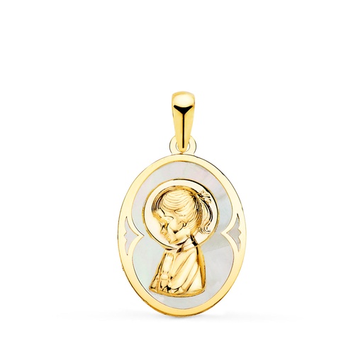 [P22220] 18K MEDALLA ORO AMARILLO OVAL CON NACAR BLANCO Y VIRGEN NIÑA 19X14 MM