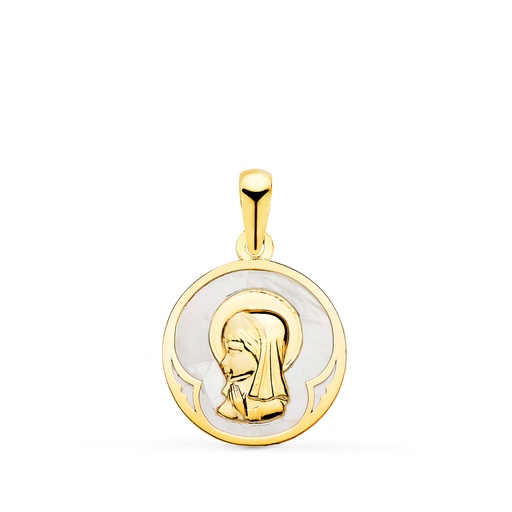 [P22221] 18K MEDALLA ORO AMARILLO REDONDA CON NACAR BLANCO Y VIRGEN NIÑA. 15 MM