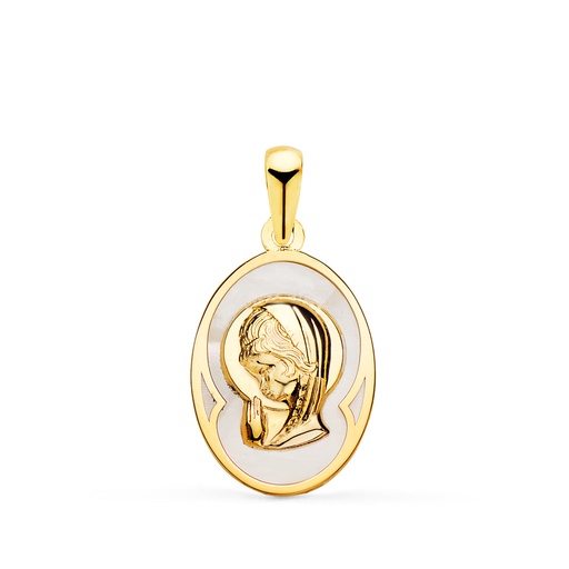 [P22222] 18K MEDALLA ORO AMARILLO OVAL CON NACAR BLANCO Y VIRGEN NIÑA 17 X 12 MM