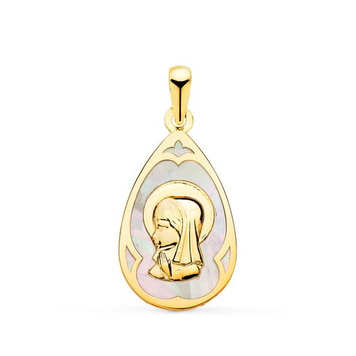 [P22223] 18K MEDALLA ORO AMARILLO GOTA CON NACAR BLANCO Y VIRGEN NIÑA 21 X 14 MM