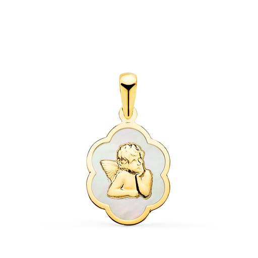 [P22224] 18K COLGANTE ORO AMARILLO NUBE CON ANGEL BURLON Y NACAR BLANCO 15 X 12 MM