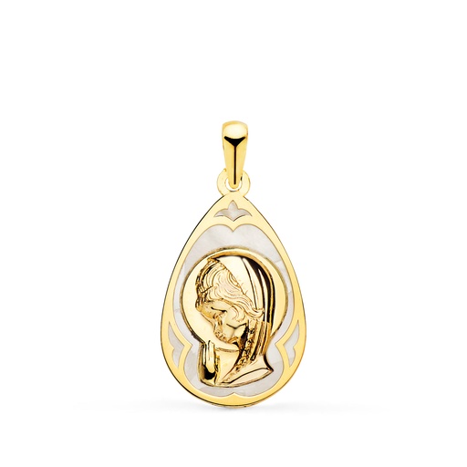 [P22225] 18K MEDALLA ORO AMARILLO GOTA CON NACAR BLANCO Y VIRGEN NIÑA 19X12 MM