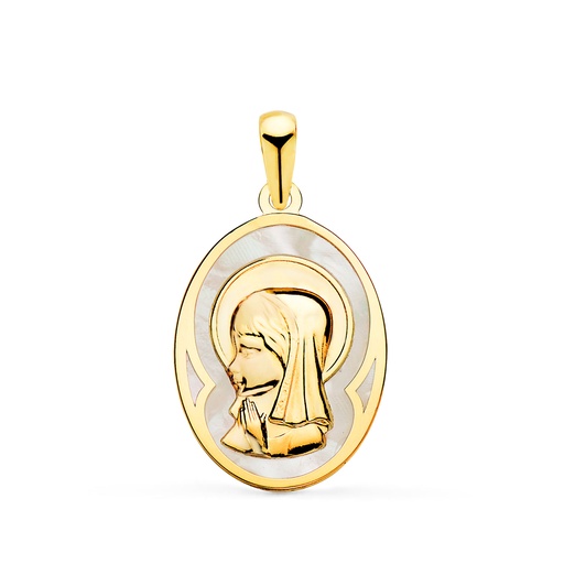 [P22226] 18K MEDALLA ORO AMARILLO OVALADA CON NACAR BLANCO Y VIRGEN NIÑA 17X12 MM