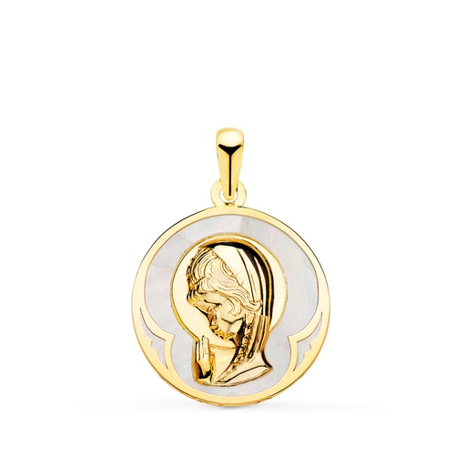 [P22227] 18K MEDALLA ORO AMARILLO REDONDA CON NACAR BLANCO Y VIRGEN NIÑA 15 MM