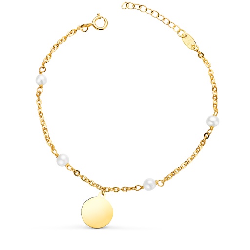 [P22235] 18K PULSERA ORO AMARILLO CON PERLAS 3.5MM Y CHAPA REDONDA 10MM. LARGO: 15+2CM