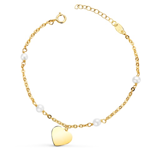 [P22236] 18K PULSERA ORO AMARILLO CON PERLAS 3.5MM Y CHAPA CORAZON 10MM. LARGO: 15+2CM