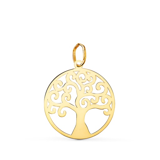 [P22238] 18K COLGANTE ORO AMARILLO REDONDO ARBOL DE LA VIDA EN BRILLO 20 MM