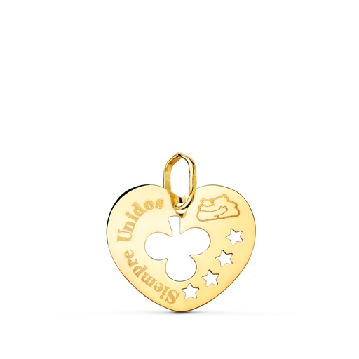 [P22242] 18K COLGANTE ORO AMARILLO CORAZON CALADO SIEMPRE UNIDOS Y TREBOL 16 MM
