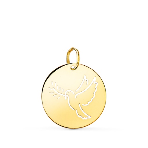 [P22244] 18K COLGANTE ORO AMARILLO REDONDO CON PALOMA CALADA EN BRILLO 18 MM