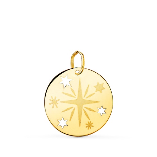 [P22245] 18K COLGANTE ORO AMARILLO REDONDO ROSA DE LOS VIENTOS GRABADA EN BRILLO 18 MM