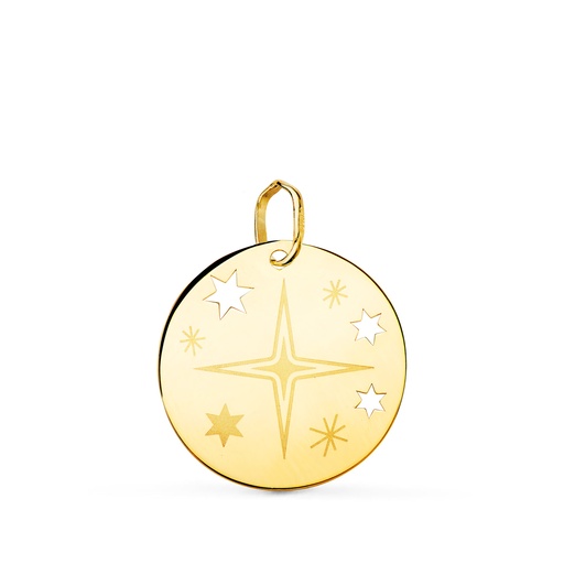 [P22246] 18K COLGANTE ORO AMARILLO REDONDO ROSA DE LOS VIENTOS GRABADA EN BRILLO 18 MM