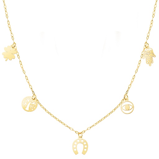 [P22266] 18K GARGANTILLA ORO AMARILLO CON COLGANTES DE LA SUERTE CADENA FORZADA 42 + 3 CM