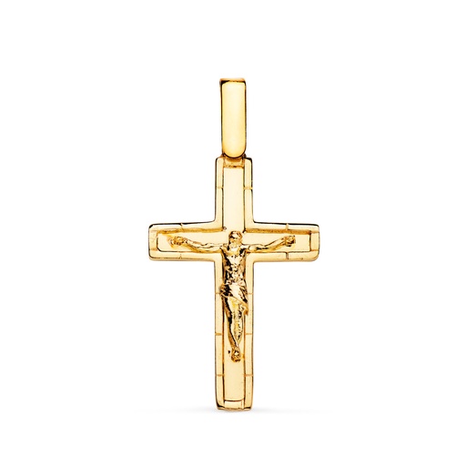 [P22270] 18K CRUZ ORO AMARILLO CON CRISTO EN BRILLO CON BORDES 26 X 17 MM