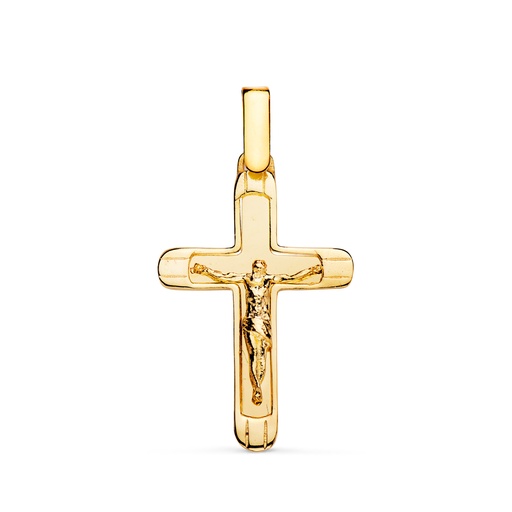 [P22273] 18K CRUZ ORO AMARILLO CON CRISTO EN BRILLO CON BORDES 25 X 17 MM