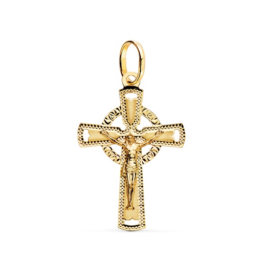 [P22275] 18K CRUZ ORO AMARILLO CON CRISTO TALLADA 28 X 18 MM