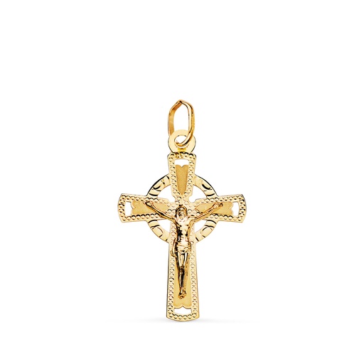[P22277] 18K CRUZ ORO AMARILLO CON CRISTO TALLADA 23 X 15 MM