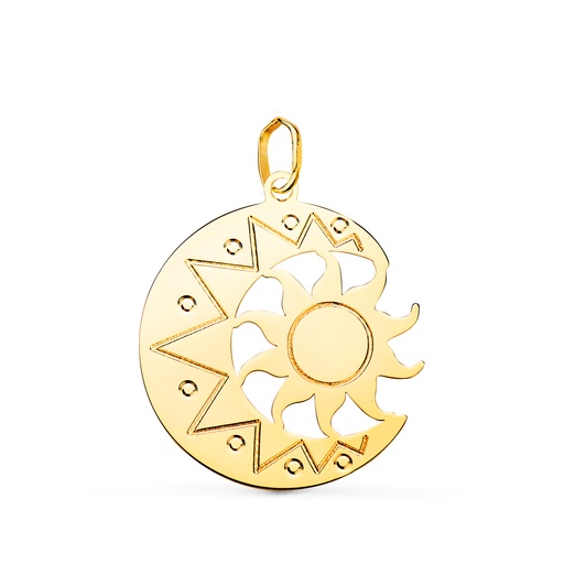 [P22279] 18K COLGANTE ORO AMARILLO DE LUNA CON SOL EN BRILLO 22 X 21MM