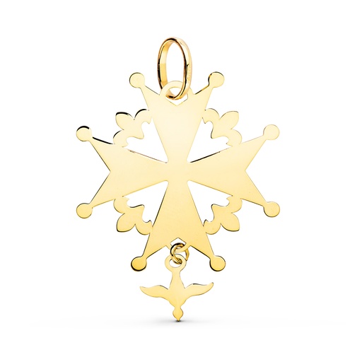 [P22280] 18K CRUZ DE HUGUENOTTE ORO AMARILLO CON PALOMA EN BRILLO. 32 X 25 MM