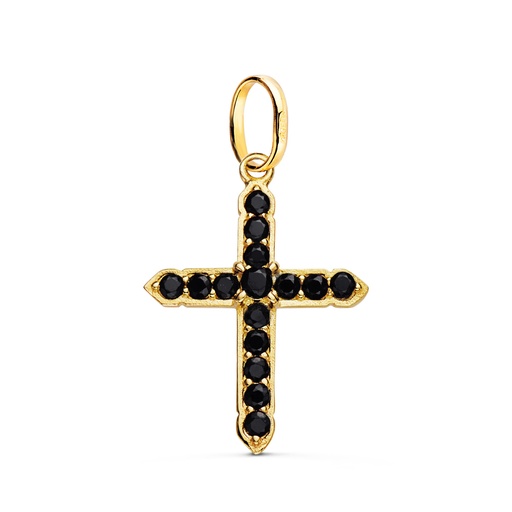 [P22310] 18K CRUZ ORO AMARILLO CON 15 CIRCONITAS NEGRAS EN GARRAS. 24 X 18 MM