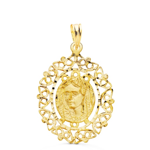 [P23000106] 18K MEDALLA VIRGEN DE LA MACARENA CERCO FILIGRANA 28X21 MM