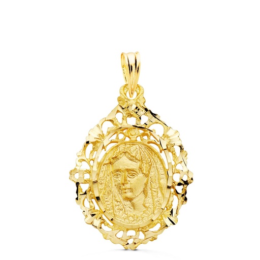 [P23000107] 18K MEDALLA VIRGEN DE LA MACARENA CERCO FILIGRANA 27X20 MM