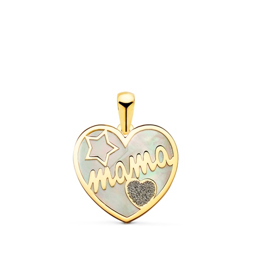 [P23002] 18K COLGANTE DE CORAZON CON NACAR MAMA Y POLVO DE DIAMANTE 16X14MM