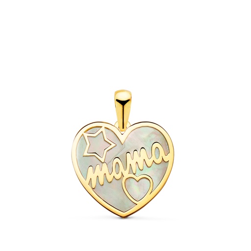 [P23003] 18K COLGANTE DE CORAZON CON NACAR MAMA Y DIBUJO DE ESTRELLA Y CORAZON 16X14MM