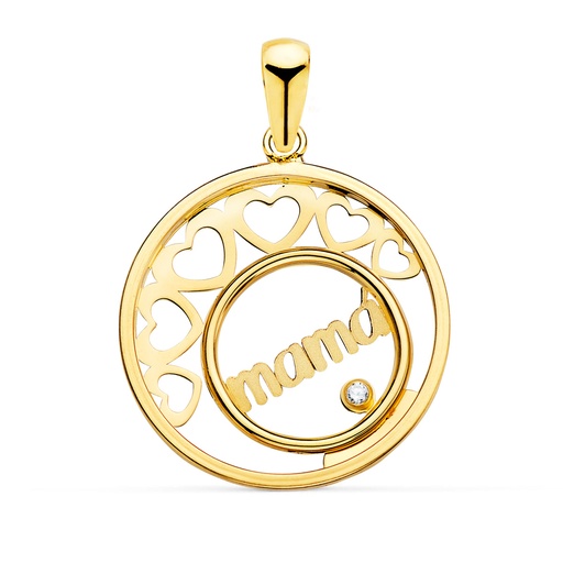 [P23004] 18K COLGANTE ORO AMARILLO CORAZONES Y CIRCULO CON MAMA 20 MM
