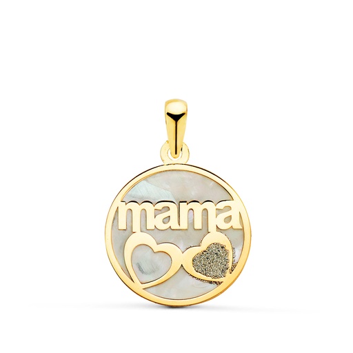 [P23009] 18K COLGANTE DE NACAR MAMA Y CORAZON CON POLVO DE DIAMANTE 16MM