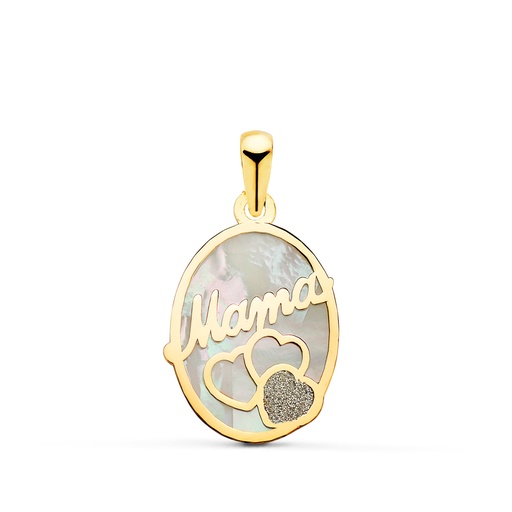 [P23010] 18K COLGANTE DE NACAR OVAL MAMA CON CORAZONES Y POLVO DE DIAMANTE 17X13MM