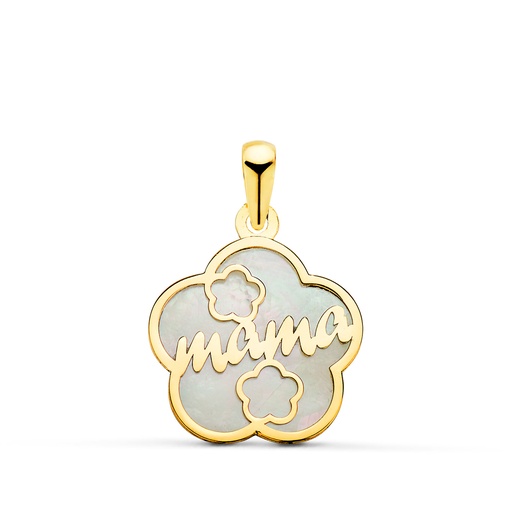 [P23011] 18K COLGANTE DE NACAR FORMA DE FLOR Y MAMA CON CORAZONES 15X15MM
