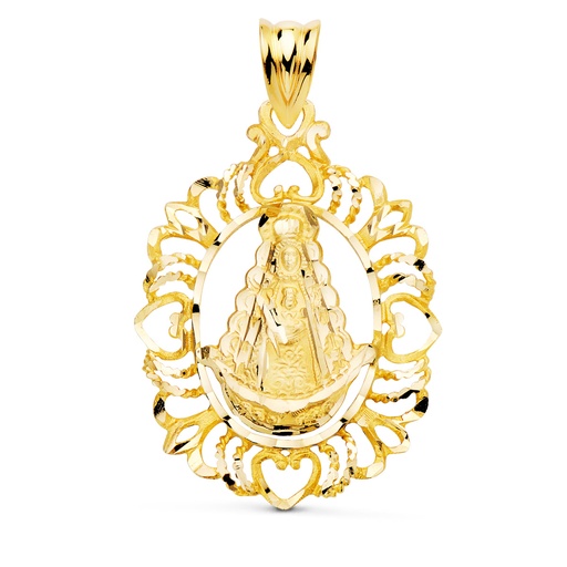 [P24000098] 18K MEDALLA ORO AMARILLO VIRGEN DEL ROCIO CERCO TALLADO 30X22 MM