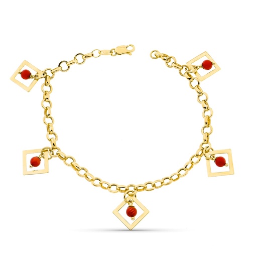 [P24000316] 18K PULSERA ORO AMARILLO ESLABON ROLO ROMBOS Y CORAL