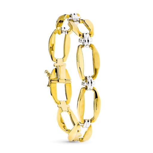 [P24000411] 18K PULSERA ORO BICOLOR ESLABON RECTANGULO Y CRUZ MATE Y BRILLO