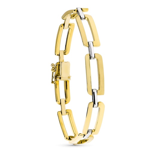 [P24000413] 18K PULSERA ORO BICOLOR ESLABON RECTANGULAR Y BARRA MATE Y BRILLO