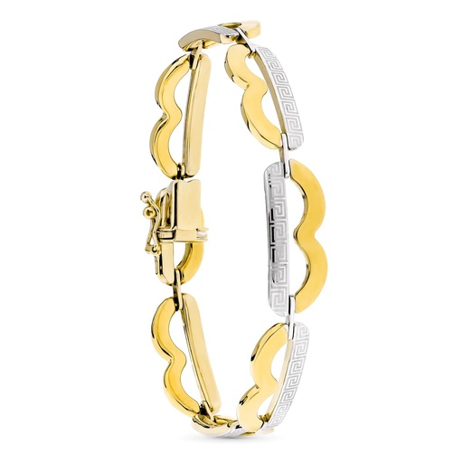 [P24000414] 18K PULSERA ORO BICOLOR ESLABON LOBULOS CON GRECA