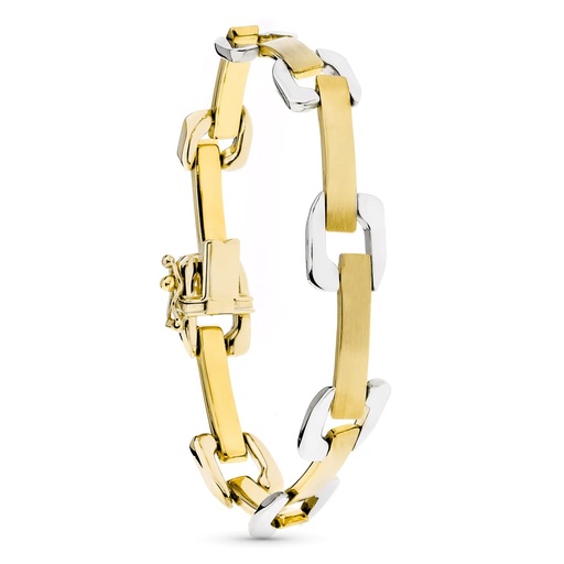 [P24000417] 18K PULSERA ORO BICOLOR ESLABON CUADRADO Y BARRAS MATE Y BRILLO