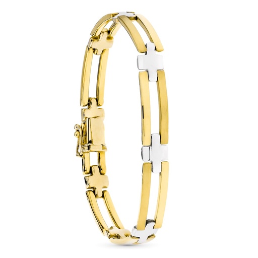 [P24000428] 18K PULSERA ORO BICOLOR ESLABONES BARRAS Y CRUCES MATE Y BRILLO