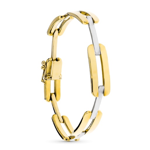 [P24000429] 18K PULSERA ORO BICOLOR ESLABON RECTANGULAR Y BARRAS MATE Y BRILLO