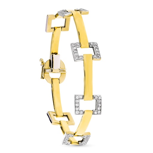 [P24000430] 18K PULSERA ORO BICOLOR BARRAS Y CUADRADOS CON CIRCONITAS 20 CM