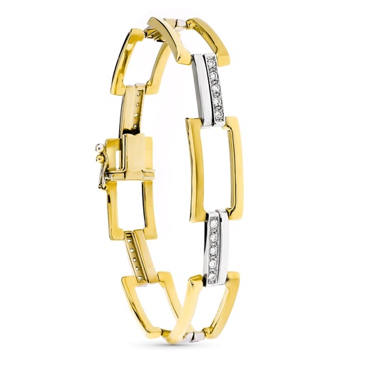 [P24000431] 18K PULSERA ORO BICOLOR RECTANGULOS Y BARRAS CON CIRCONITAS 20 CM