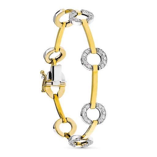 [P24000433] 18K PULSERA ORO BICOLOR BARRAS Y CIRCULOS CON CIRCONITAS 19.5 CM