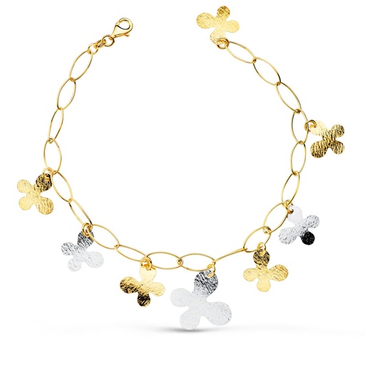 [P25000007] 18K PULSERA ORO BICOLOR ESLABONES HUECOS CON MARIPOSAS. ANCHO 5 MM LARGO 21 CM