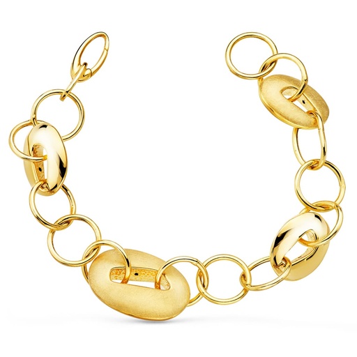 [P25000033] 18K PULSERA ORO AMARILLO ESLABONES HUECOS BRILLO Y MATE ANCHO 13 MM LARGO 20CM