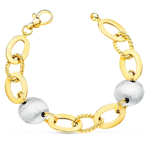 [P25000055] 18K PULSERA ORO BICOLOR ARTICULADA MOTIVOS OVALES Y REDONDOS MATIZADOS. 19. CM